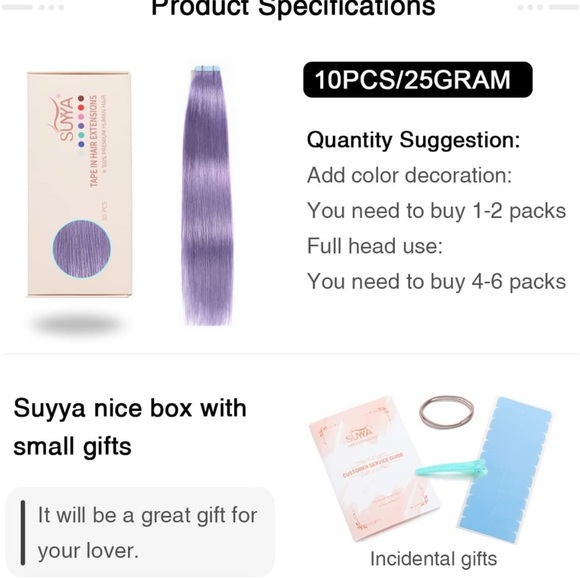 18Inch Tape in Hair Extensions Human Hair Rose Purple 10PCS/Pack Straight 25g - Picture 6 of 7